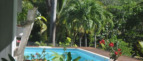 Vue sur la piscine de la terrasse du gîte.