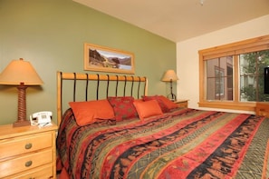 Drift to sleep in the comfortable bed. Bedding configurations vary.
