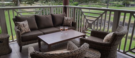 Relaxing lanai overlooking the Beach Course 8th fairway