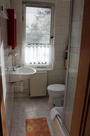 Dusche, WC, Handwaschbecken, Spiegelschrank im Zimmer separat