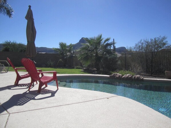 Pebble Tech pool with beautiful views of the Tucson Mountains.