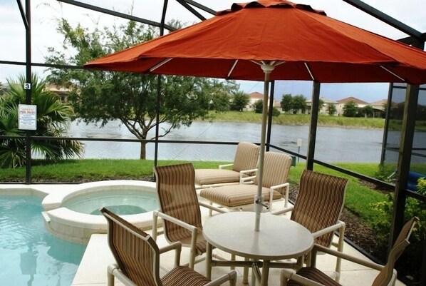 Private pool and deck overlooking the lake