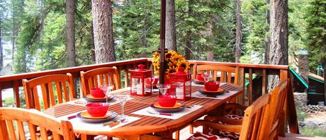 Enjoy a meal on the deck in the beautiful Tahoe summer weather.