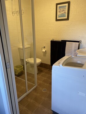 Private bathroom with shower, toilet, washing machine and vanity unit.