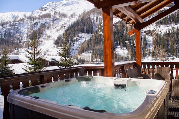 Hot Jacuzzi with fantastic views on our balcony!