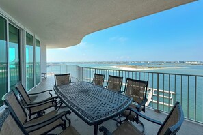 Large private balcony overlooking the water and boats