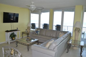 Large leather sofa with a great view and smart TV including cable with HBO.  