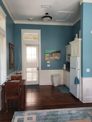 Small kitchen w sink, microwave, full fridge/freezer, coffee maker and Keurig!