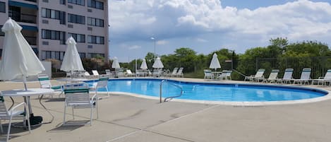 Heated pool in season.