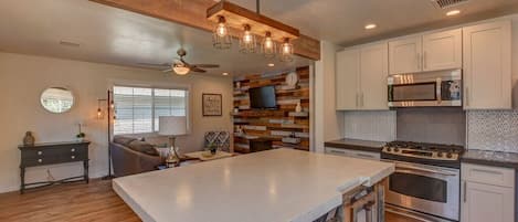 Open concept layout....living room and kitchen. 