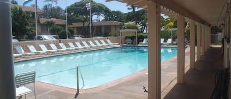 The pool area, just steps from the condo