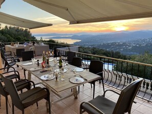 Sunset on the upper patio when dining