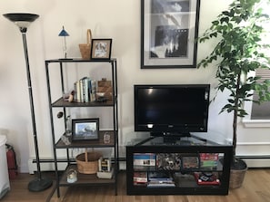Living room bookcase, TV and stand with games and puzzles.