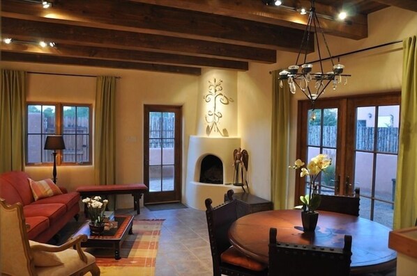 Living Room with 10' beamed wood ceilings