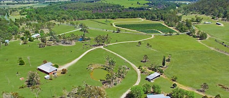 Aerial view of Rosa and Rosamund Houses, overlooking Greenway Wines