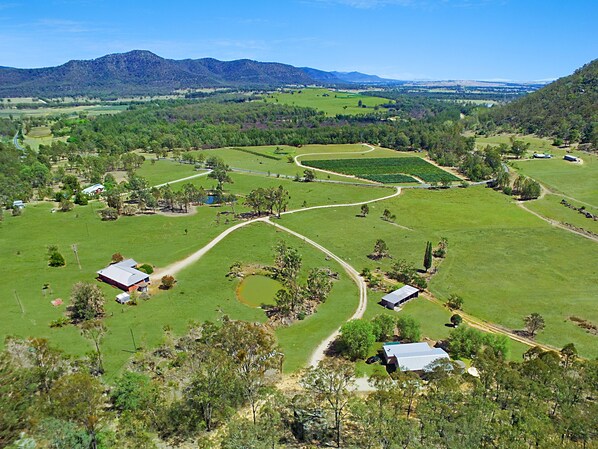 Aerial view of Rosa and Rosamund Houses, overlooking Greenway Wines