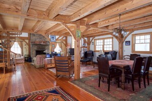 Timberframe Great Room - size and scale of a ski lodge.  Second dining area.