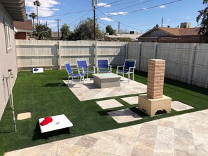 Gas fire pit, gas BBQ and game area