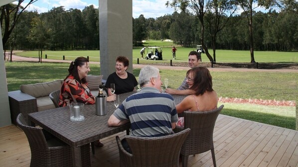 BBQ deck overlooking the fairway towards the 2nd green