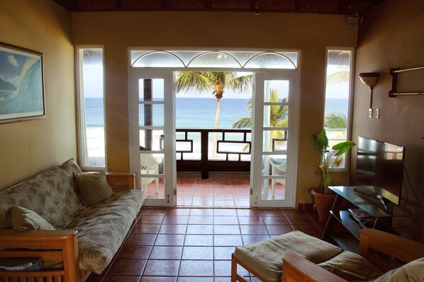 A Frame ceiling, louver doors open completely to watch Whales from your couch. 