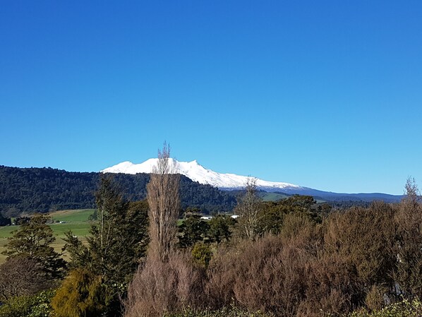 View of Mt Ruapehu from deck, living room & kitchen