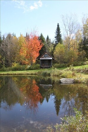 Looking across the swimming pond at our cozy cabin.
