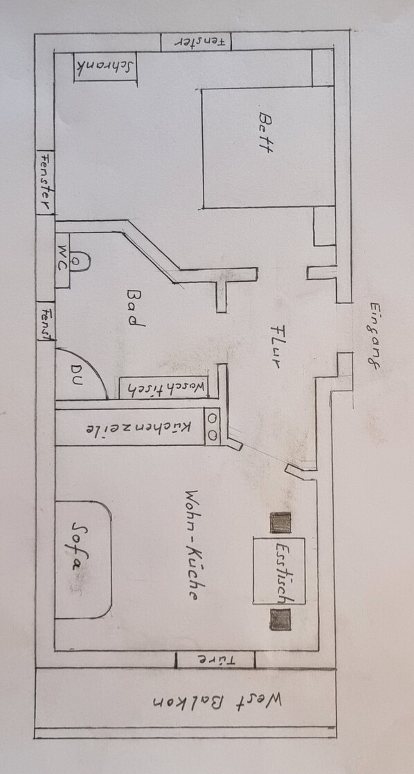 Ferienwohnung 1, 1-2 Personen, 37 qm, 1 Schlafzimmer, sonniger Südwest Balkon-Grundriss Ferienwohnung 1