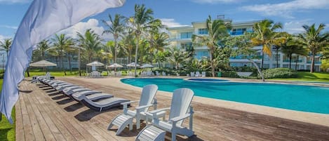 Pool chairs looking at ocean