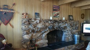 Unique petrified wood fireplace with gas start and free firewood.