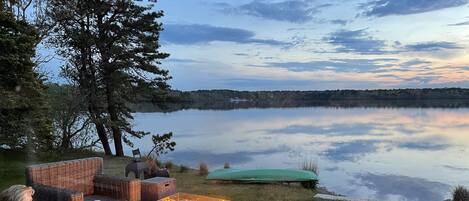 Propane fire-pit for cool nights. Evening view.  