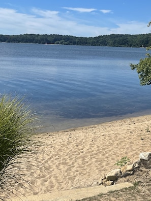 Private beach on the lake. Very gentle slope with sandy bottom into the lake. 