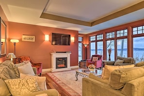 Living Room | Smart TVs w/ Cable | Lake Champlain & Mount Mansfield Views