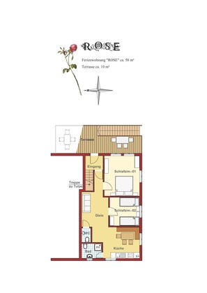 Ferienwohnung Rose, 65qm, zwei Schlafzimmer-Grundriss