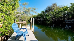 The dock is a tranquil spot for bird-watching and manatee sightings.