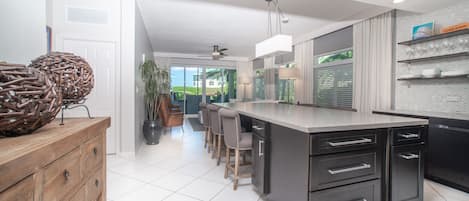 Open kitchen and living room layout.