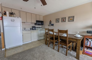 The kitchen table sits six people and is a great gathering place!