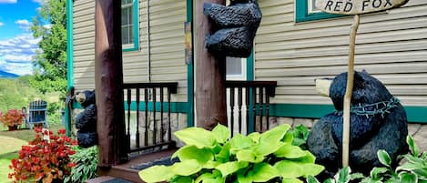 Main Entrance at Red Fox with Hand-Carved Wooden Bears. Self Key Entry Pad.