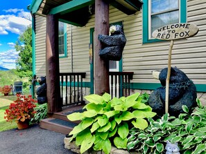 Main Entrance at Red Fox with Hand-Carved Wooden Bears. Self Key Entry Pad.