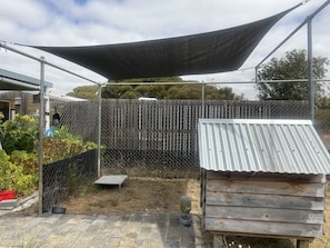 A shady corner over the insulated kennel .