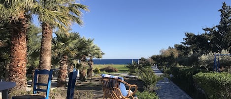 Blick von Terrasse durch den Garten direkt zu Strand und Meer