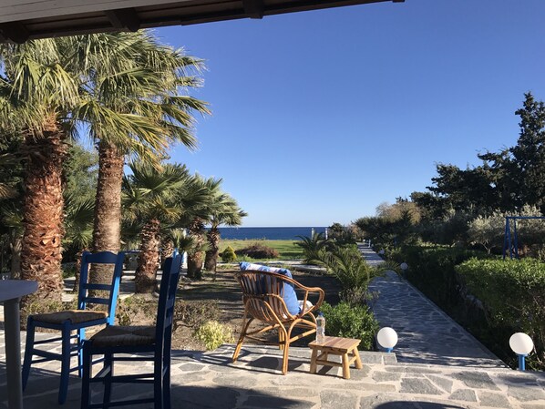 Blick von Terrasse durch den Garten direkt zu Strand und Meer