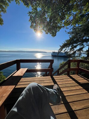 New expanded landing at top of stairs to waterside patio