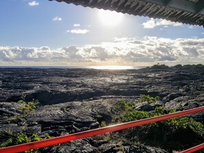Morning view from bedroom back of the house. The ground is iridescent black!