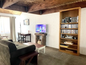 Living room with sleeper sofa & DVD collection