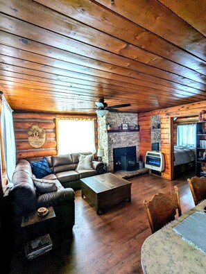 Living room space with pellet heater and gas space heater
