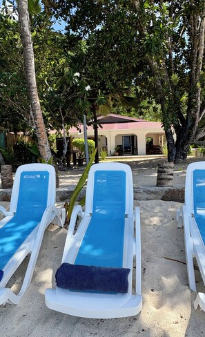 View of Beach Kaz from Anse Forbans beach..sun loungers exclusive for our guests