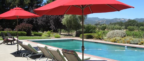 By the pool with garden, vineyard and mountain views.