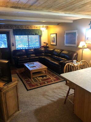 New carpet in the cozy living room with sectional.