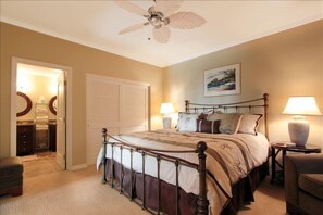 master bedroom with new memory foam king bed and custom "whale tail" bathroom