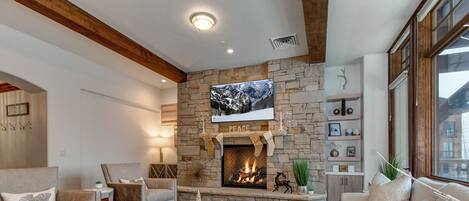 Living Room with New Contemporary Furnishings, Gas Fireplace, Smart TV and Deer Valley Views